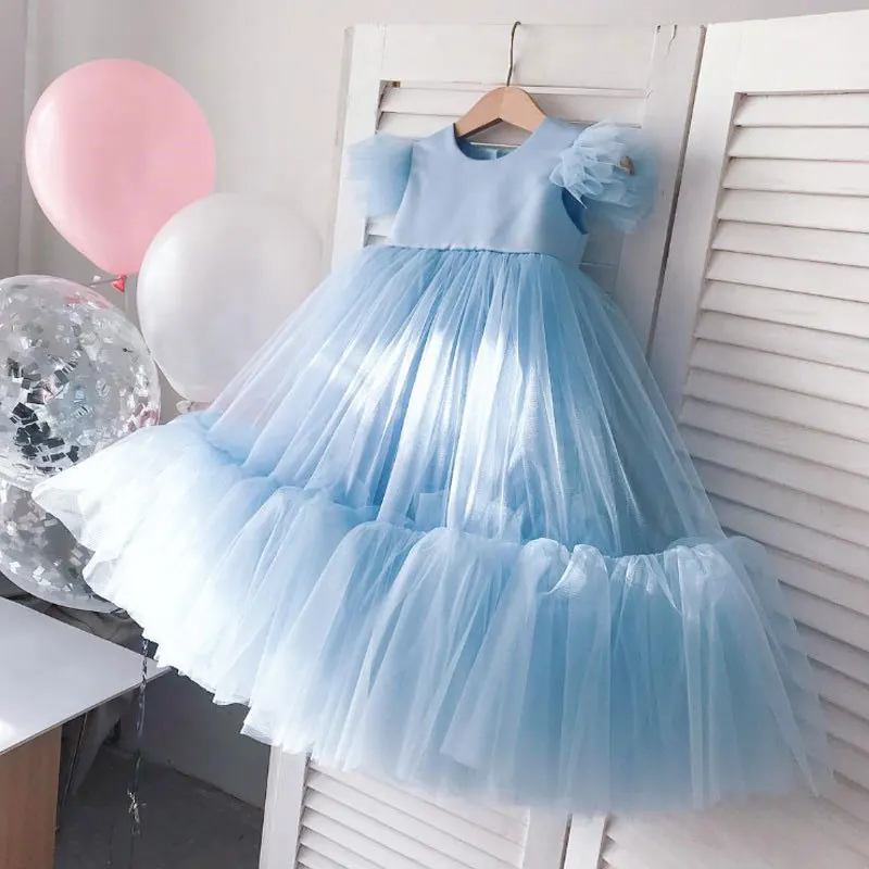 High Waist Sky Blue Girl Princess Dress Simple Flare Sleeve Tea Length Long Dress Gift for Flower Girl Wedding Party Customized