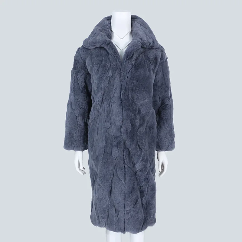 

2023 New Haining fur integrated rabbit fur coat, knee length, slim fit, fashionable and generous for women