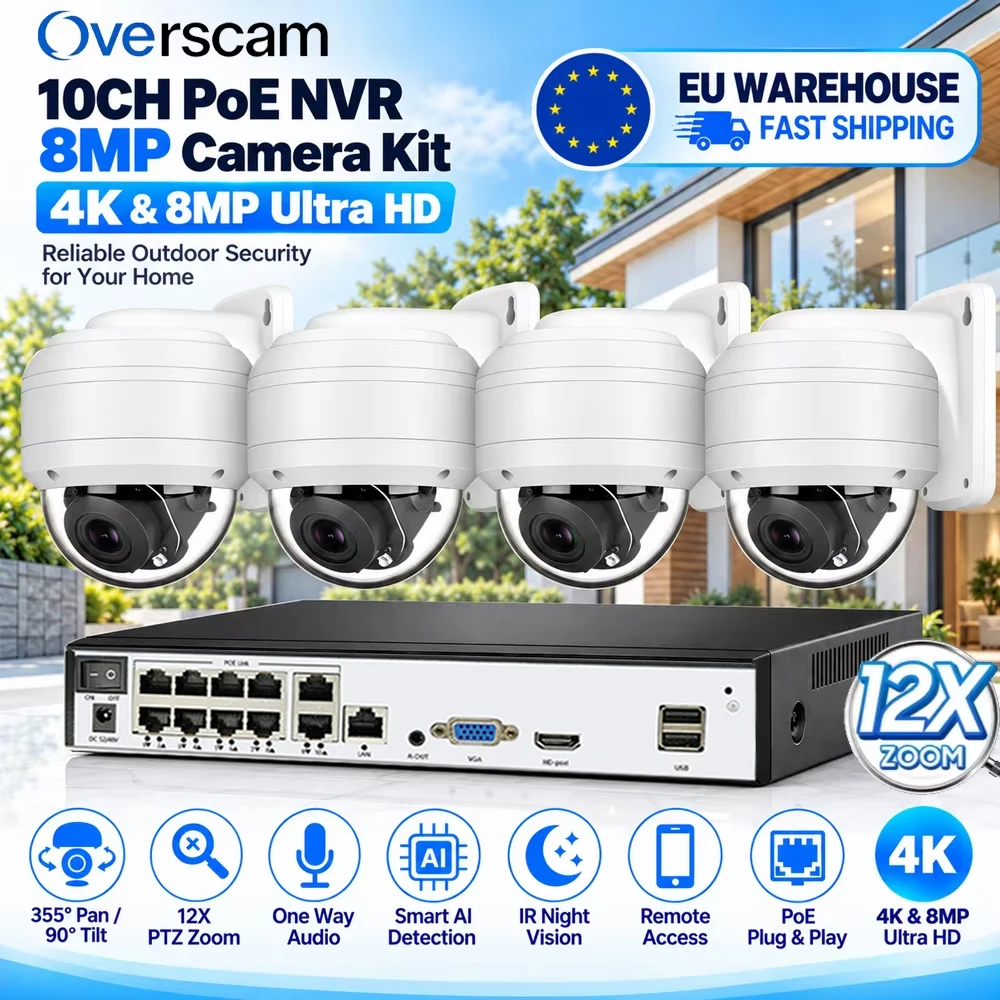 8MP 4K 10CH PoE NVR CCTV Sicherheitskamerasystem 4-Kamera-Kit 12X PTZ Zoom Dome-Kameras Intelligente KI-Menschenerkennung IR-Nachtsicht Einweg-Audio Fernzugriff 355 °   Herr 90 °   Neigbarer