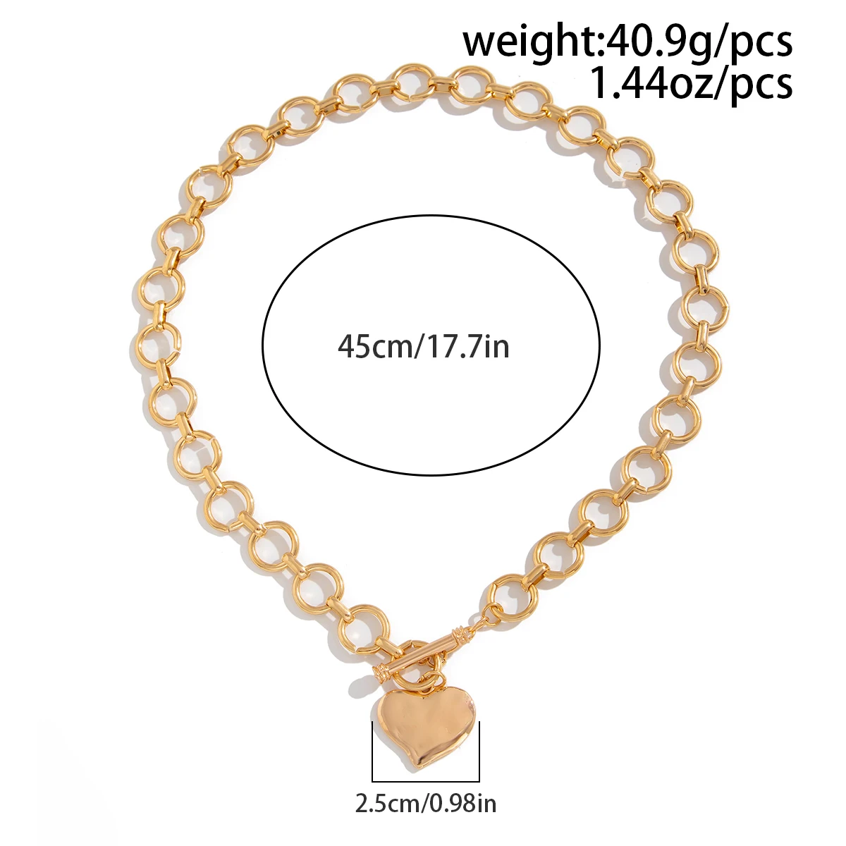 Lacteo Vintage Gold Color Circular Iron Chain Necklace For Women Daily Versatile Chunky Thick Heart Shaped OT Buckle Pendant New