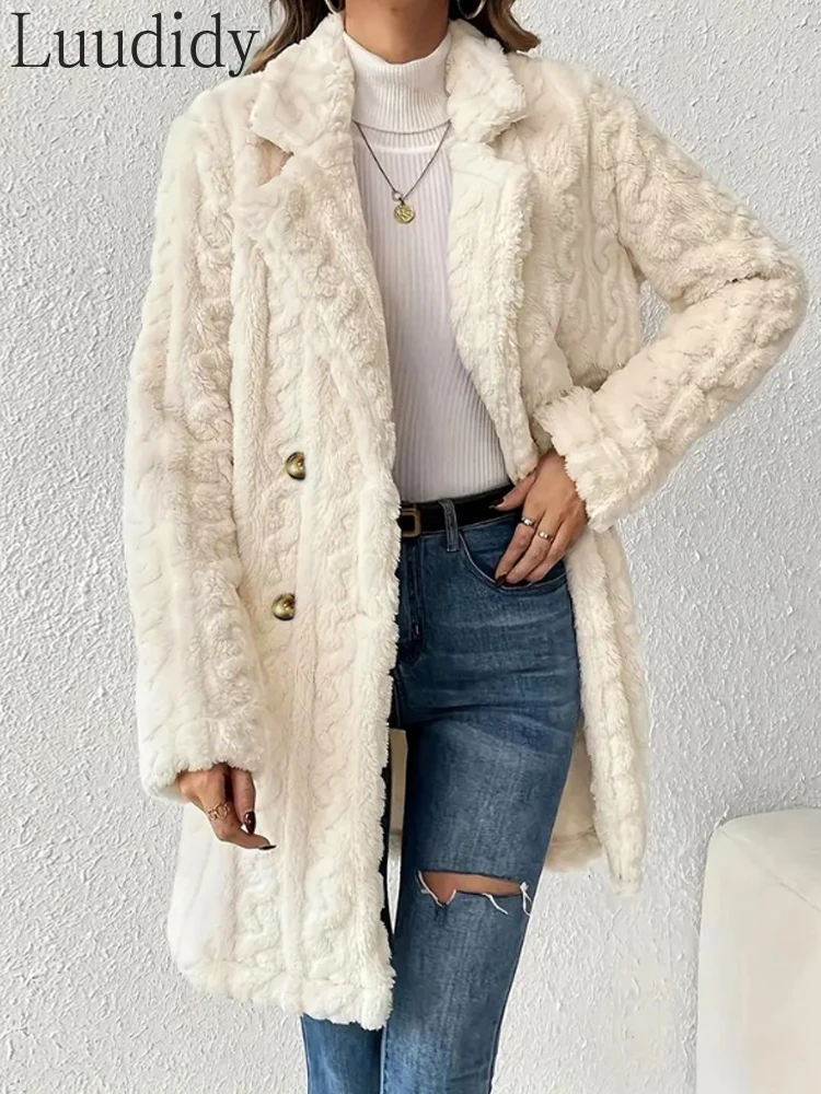 

Lapel Neck Double Breasted Fleece Longline Coat
