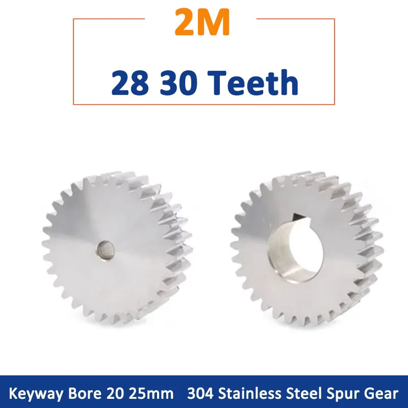 

1pc 2M 28 30 Teeth 304 Stainless Steel Spur Gear 2 Module 28T 30T Flat Cylindrical Gear Keyway Bore 20 25mm / Burr Hole