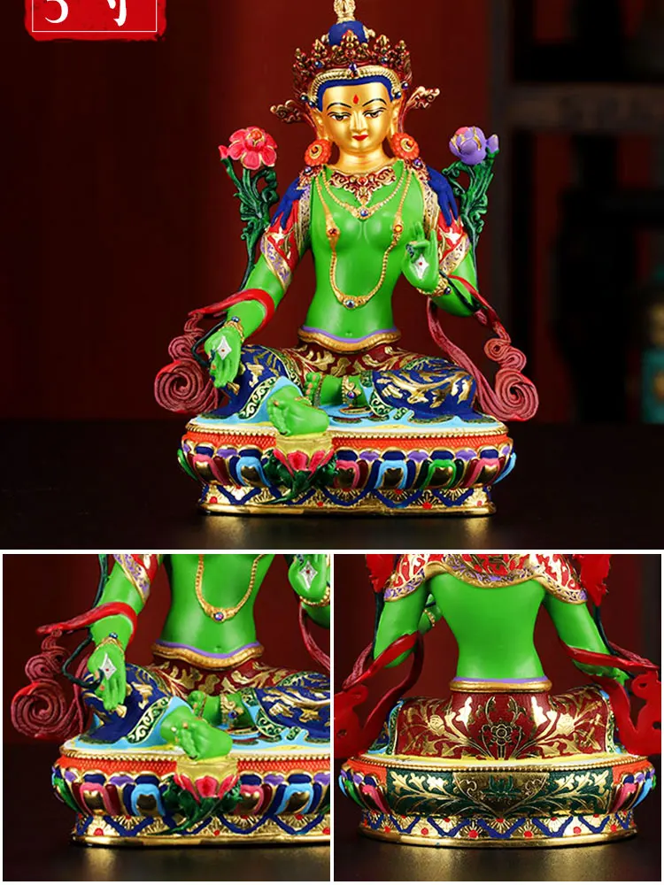 high grade colored draw Buddha statue -bless family Safety Health luck efficacious Talisman Green Tara Guanyin Buddha statue