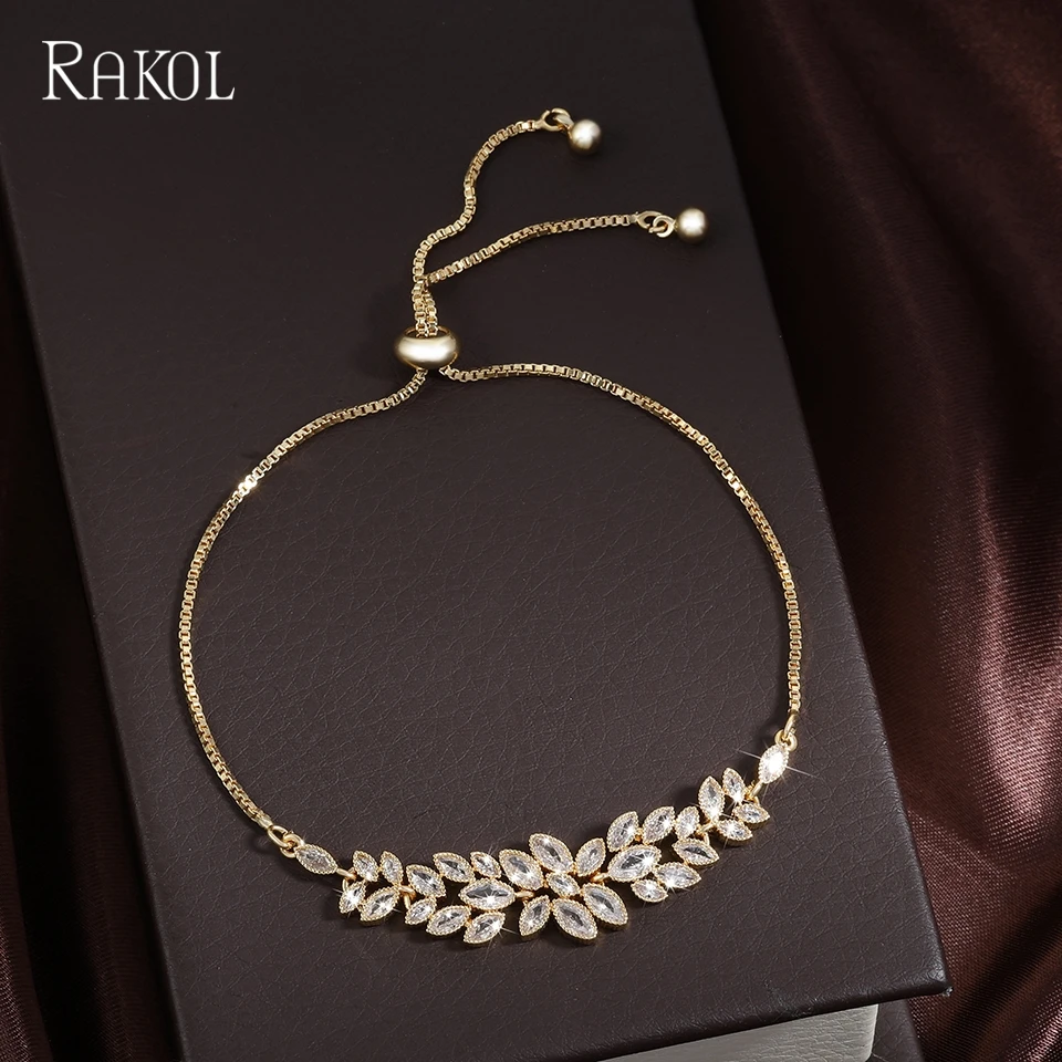 RAKOL Vintage Style Flower Shape Bridal Wedding Bracelet Charm For Women Rose Gold/White Gold Color Bracelets & Bangles Jewelry