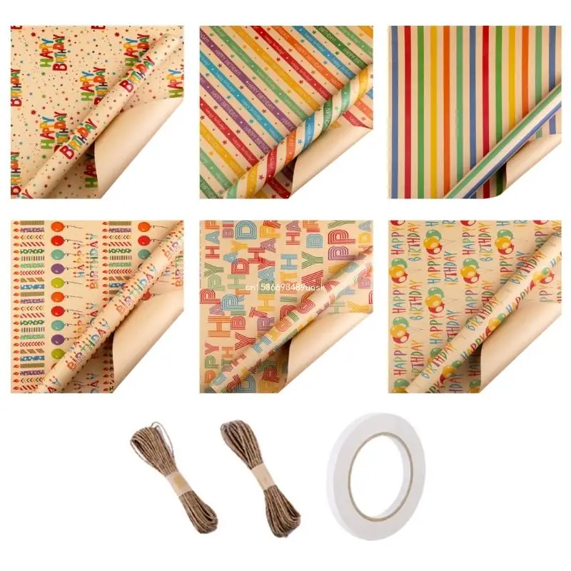 Pleased Birthday Wrapping Paper with Tapes Blank Card and Natural Straw String