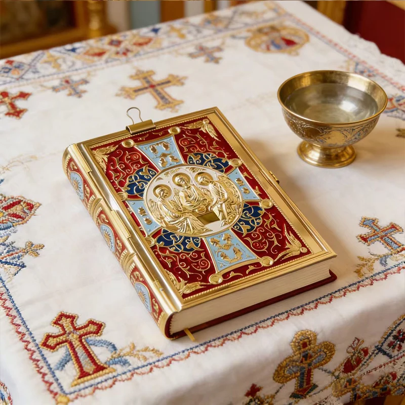 Neue Vintage-Vergoldete Orthodoxe Evangeliums-Buchhülle mit Emaillierter Heiliger Dreifaltigkeits-Ikone für Kirchenliturgie, Hausaltar und religiöses Gebet – Detail 5