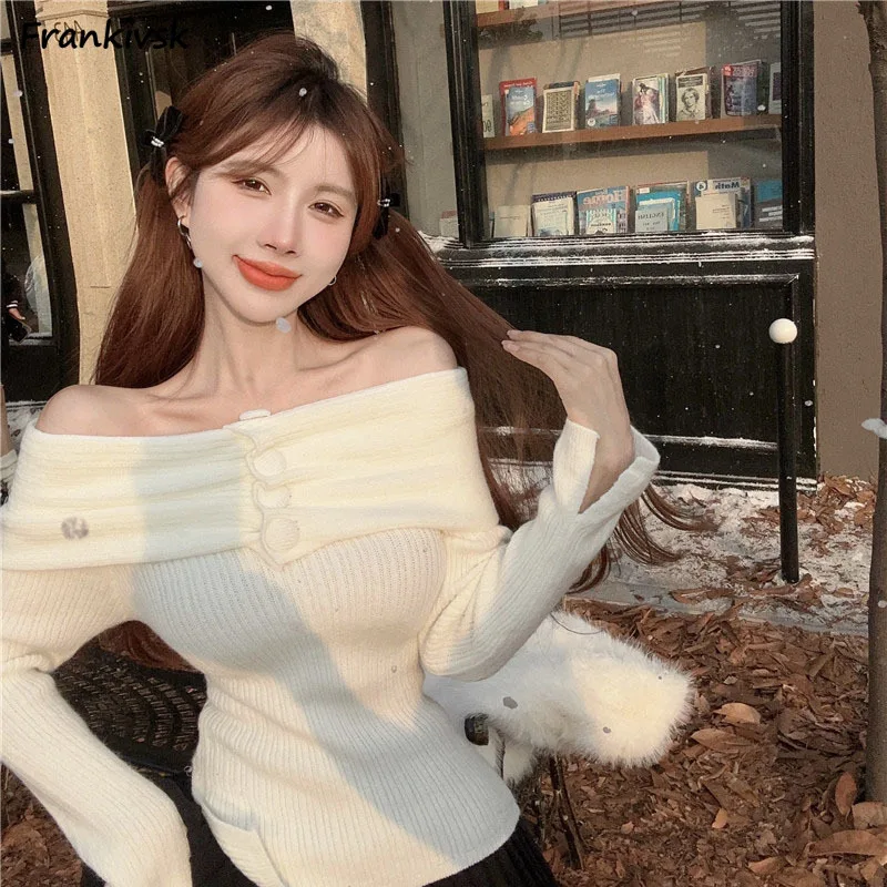 

Slash Neck Sweaters Women Long Sleeve Off Shoulder Autumn Winter Skinny Hotsweet Solid Korean Commuting Style Classic Fashion