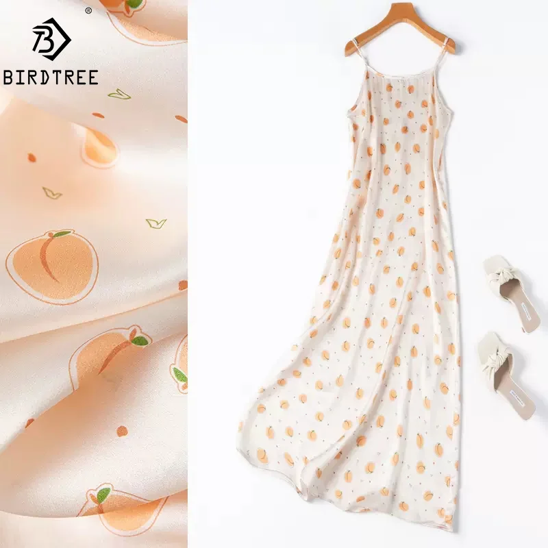 

BirdTree, 19MM 100%Real Silk Spaghetti Dresses, Women's Peach Printed, Elegant Fashion Sweet Dress, 2024 Summer New D45625QM