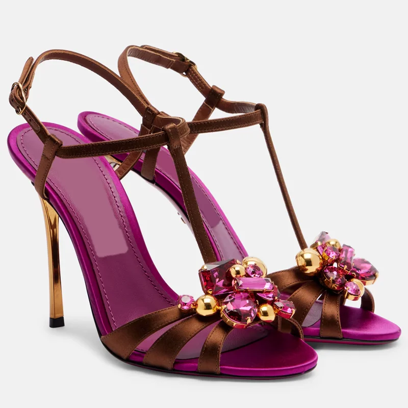 Shiny Crystal Mixed Colors Satin Sandals Sexy Round Toe Thin Heel Narrow Band Accept Customized New Arrivals Fashion Women Shoes