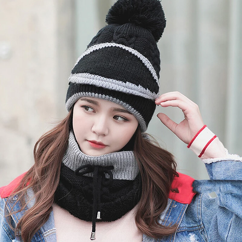 New Fashion Autumn Winter Women\'s Hat Caps Knitted Warm Scarf Windproof Multi Functional Hat Scarf Set clothing accessories suit