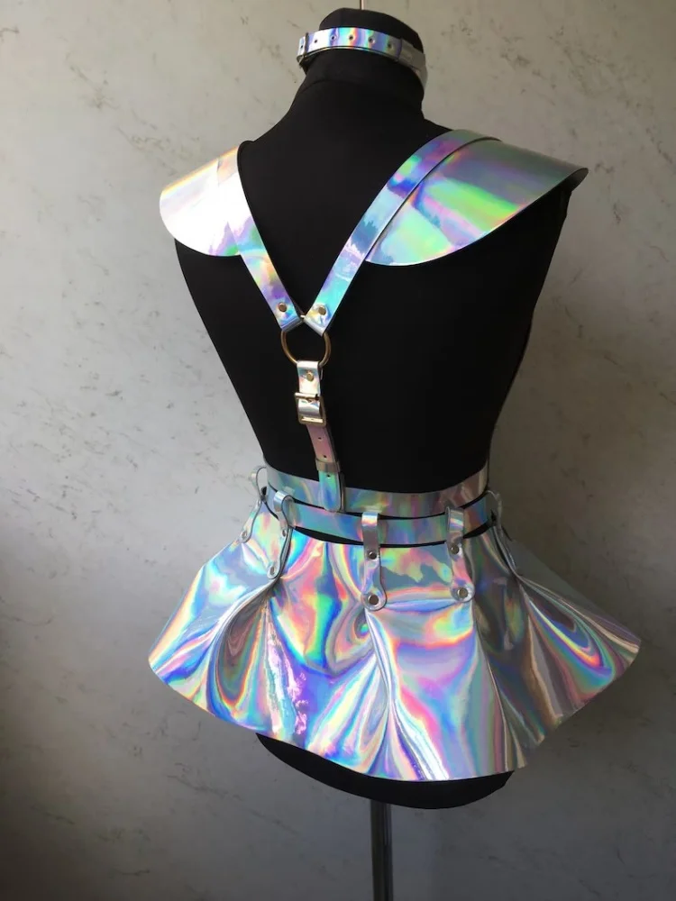 Музыкальный фестиваль киберпанк голографическое красочное платье на подтяжках аксессуары для выпускного вечера пояс косплей костюм блестящая карнавальная вечерние юбка