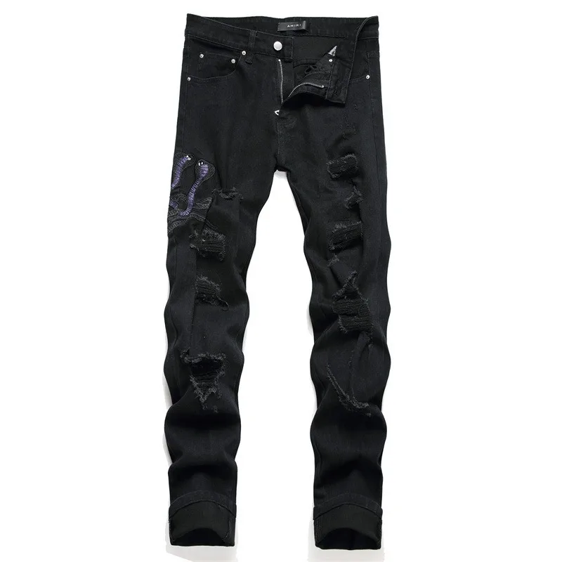 Men's Embroidered Pure Black Jeans Hole Trend Elastic Slim Fashion Pants Versatile Men's Pants Pencil Pants Feet Pants