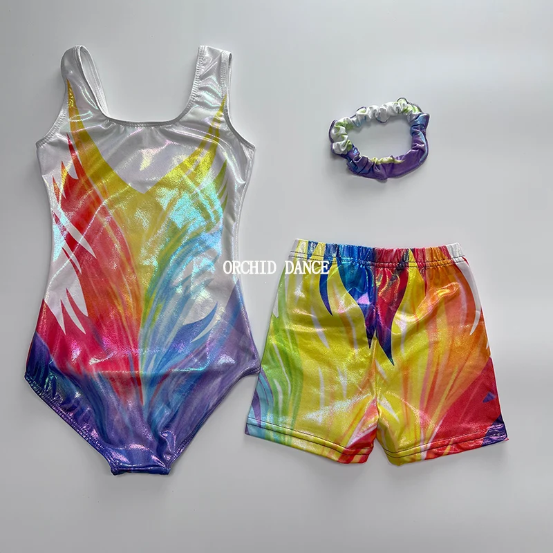 حار بيع عالية الجودة التسامي المطبوعة لامعة دنة تانك أكمام أطفال بنات الجمباز ثياب مع السراويل