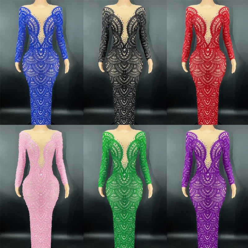 ชุดเดรสยาวประดับคริสตัล 9 สี แขนยาว สำหรับงานวันเกิด งานเลี้ยง งานพรอม ชุดแสดงบนเวที ชุดเดินแบบ รุ่น 5092