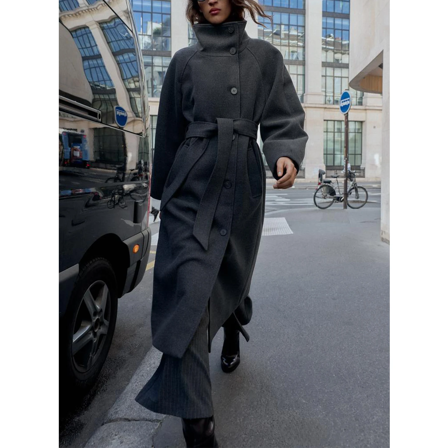 Autumn Winter Women's Briti Sle Coat Soft Long Sve Stand Collar with Belt ket Trim Polyester Fiber 00%