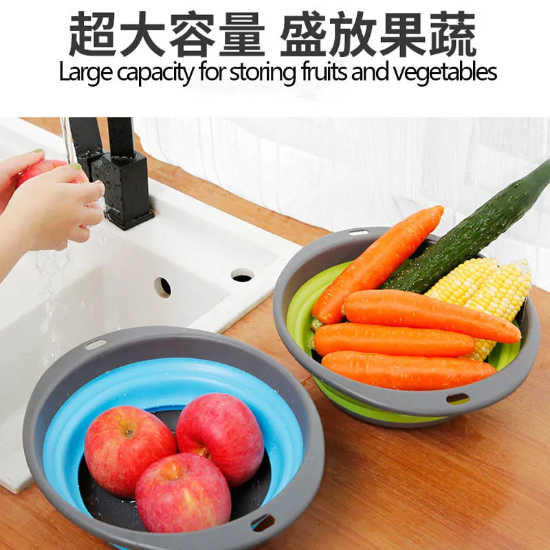 Silicone Foldable Fruit And Vegetable Washing Basket With Foldable Filter Screen Foldable Drainer Kitchen Storage Tool