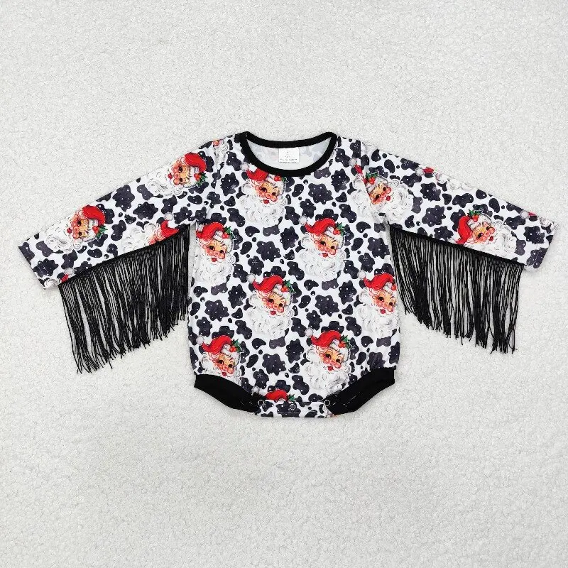

8.16y Holiday baby girls romper wholesale boutique cow pattern Santa Claus tassel black and white long-sleeved onesie
