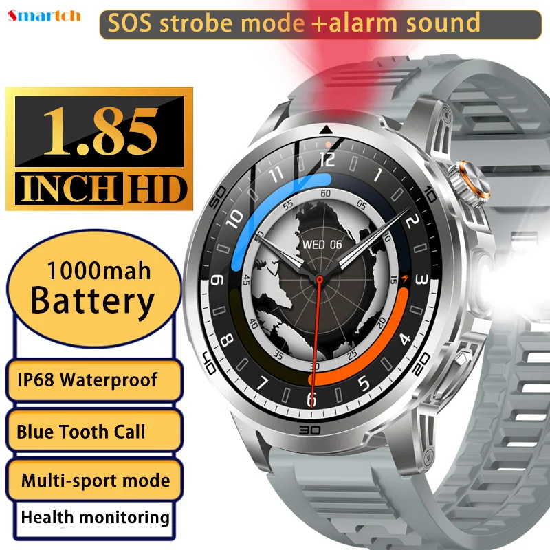 

2025 Sports SOS Strobe Mode Alarm Sound Blue Tooth Call Smart Watch Flashlight Voice Assistant Waterproof Health Smartwatch
