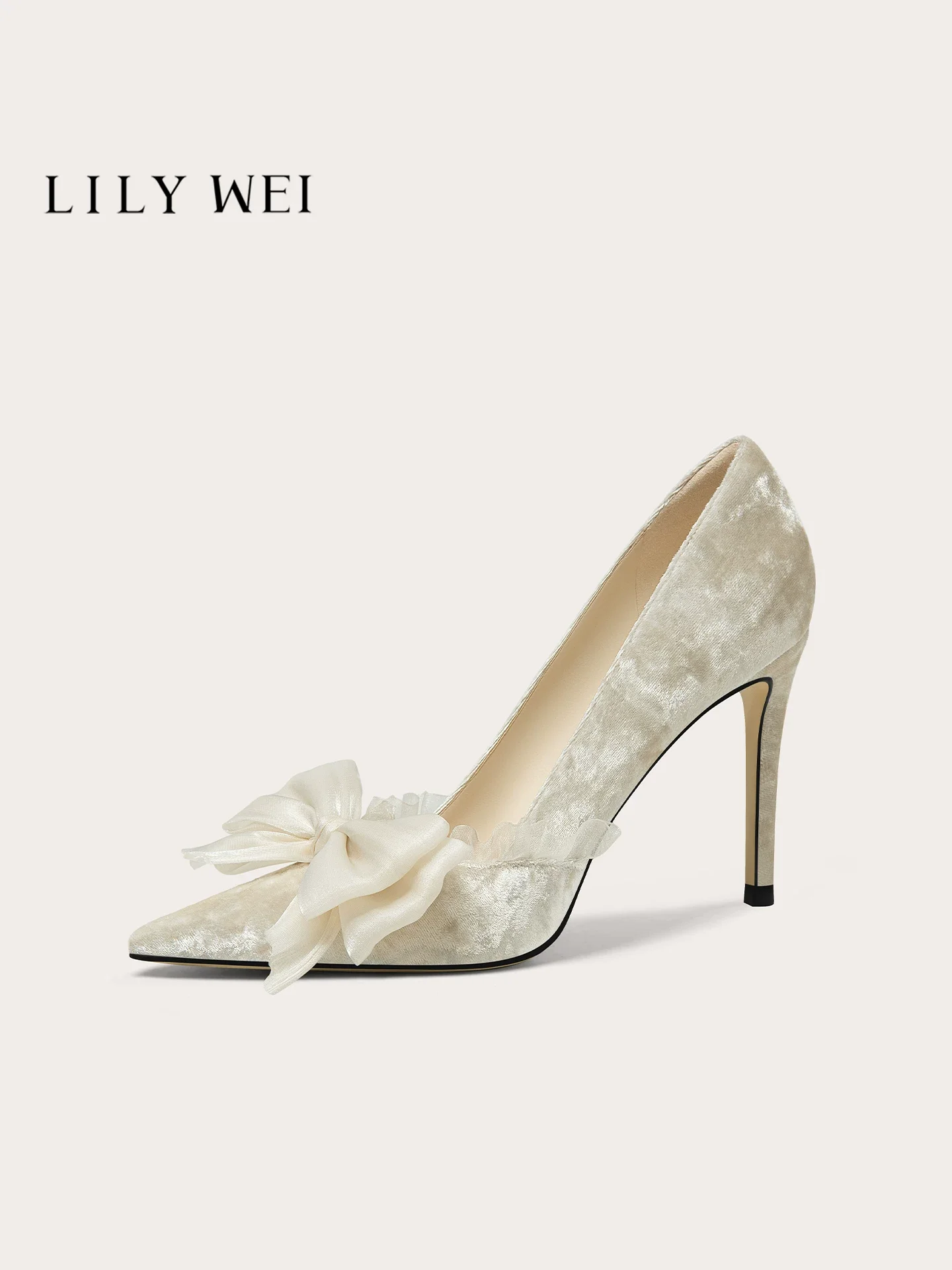 Spring New Pointed Shallow Mouth Silk Ribbon Bow High Heels Banquet Dress Large Size Small Size Widening Edition Women's Shoes