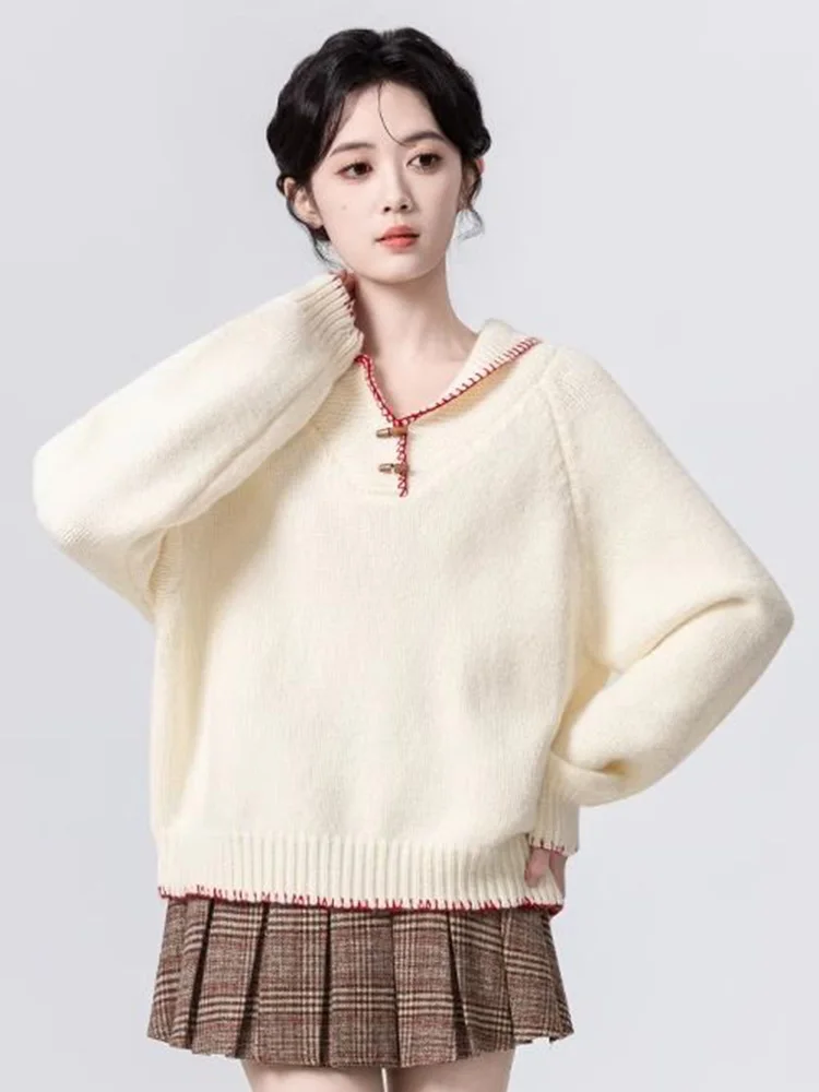 Sweter Lucu Jepang Manis Wanita Kasual Gaya Preppy Lengan Panjang Longgar Pullover Rajutan Jumper Kerah Lipat Solid Sederhana