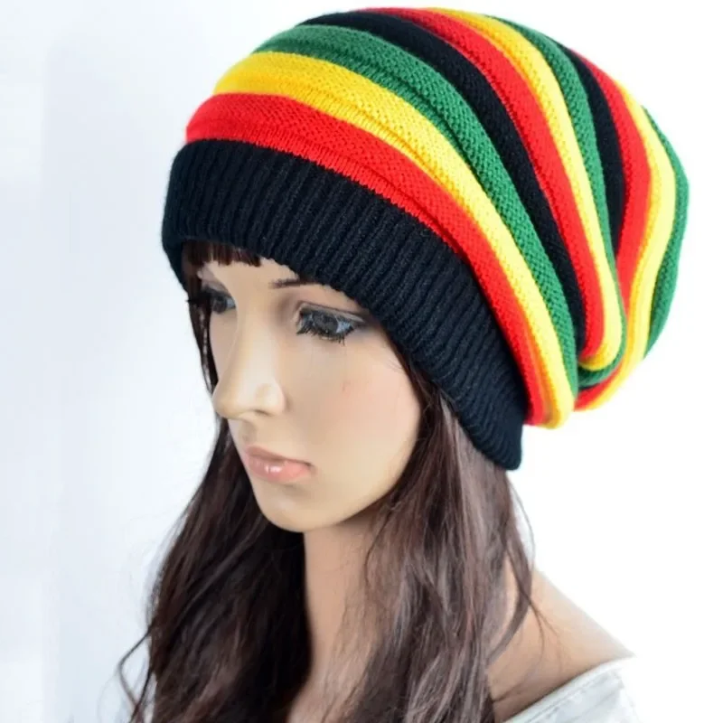 Colorful Stripe Printed Knitted Hat Jamaican Rasta Reggae Beret Cap Winter Warm Beanie Cap Men Women Christmas Xmas Bonnet Hat