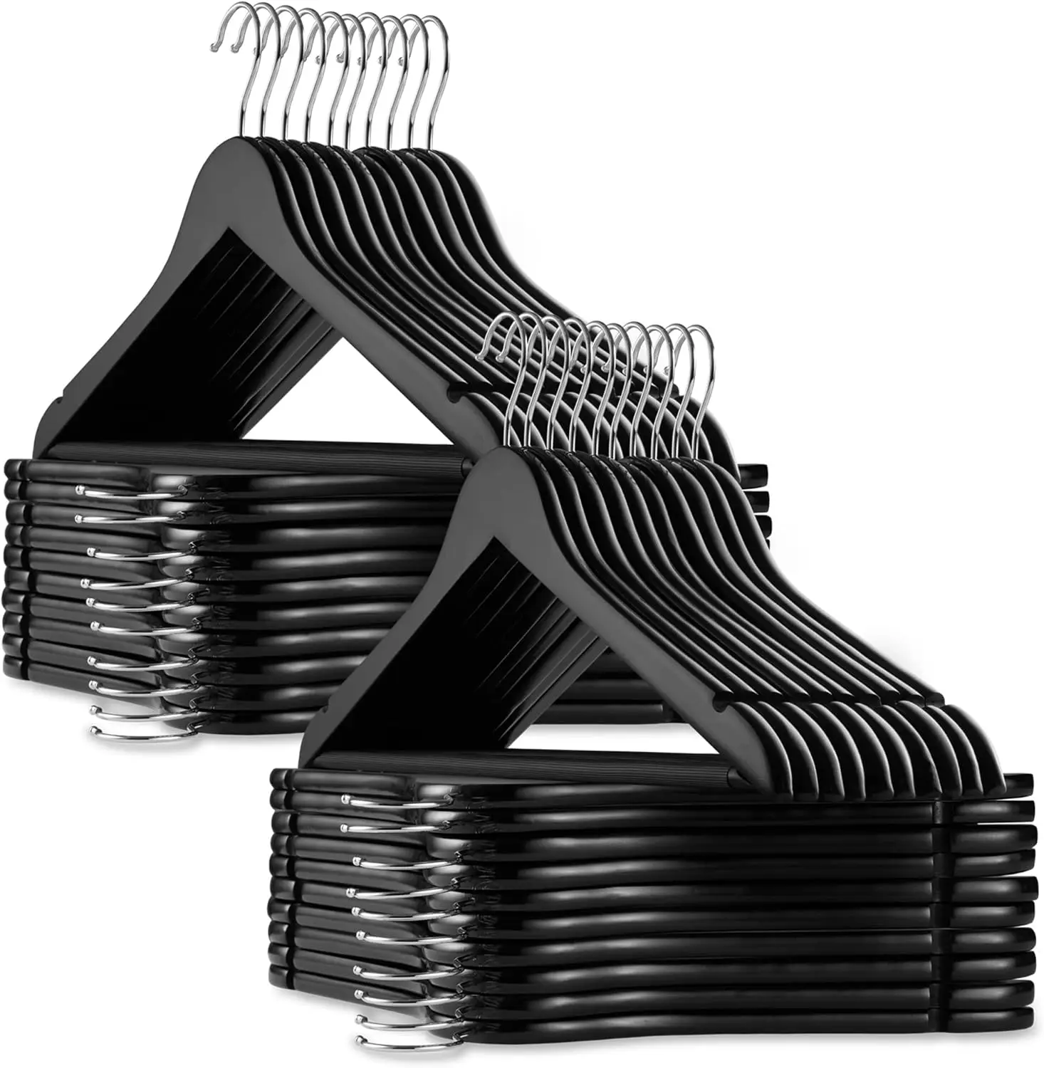

40 Black Wooden Suit Hangers with Notches & Chrome Swivel Hook for Clothes, Coats, Jackets