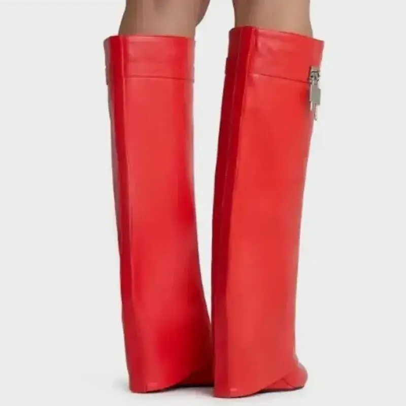 

2026 Fashion Shark Lock Women Boots Wide-calf Wedge Heel 10.5 Knee High Boot Motorcycle Leather White Red Boots Shoes