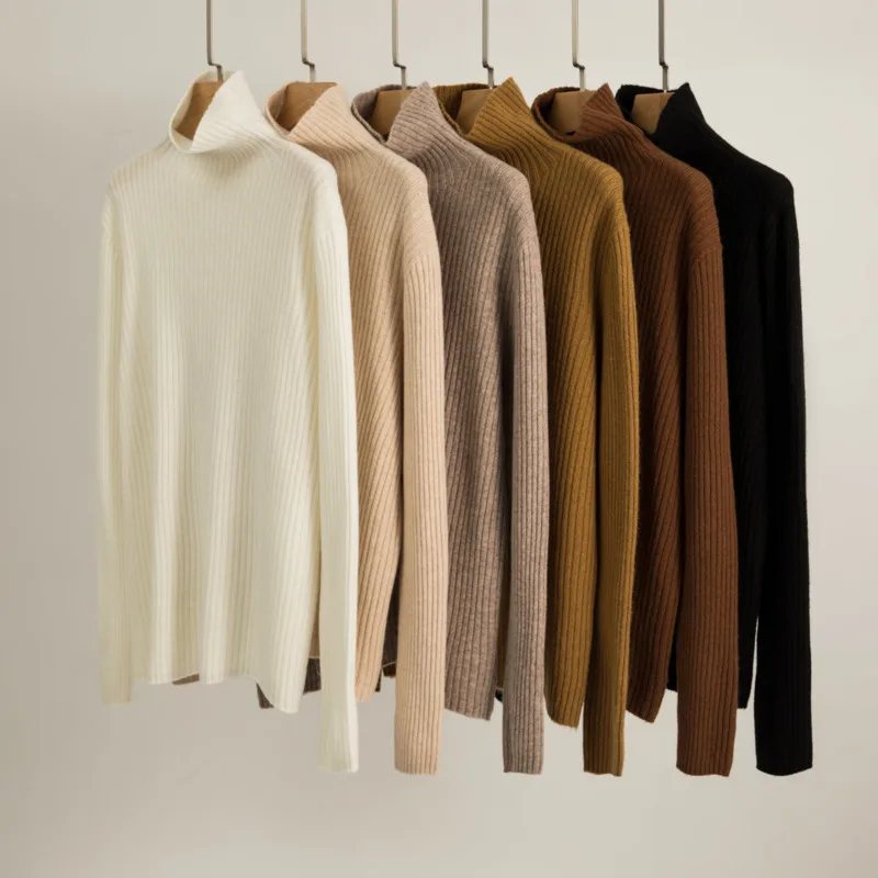 

Winter 100% Pure Wool Ribbed Sweater Women Turtleneck Warm Loose Bottoming Knitted Tops