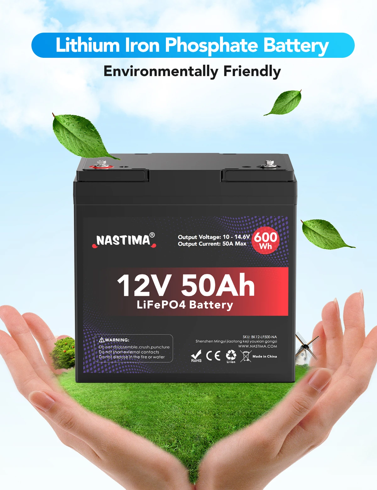 بطارية ليثيوم فوسفات الحديد 12 فولت 50 أمبير/ساعة 600 وات/ساعة مع نظام BMS للتخييم RV نظام شمسي UPS غير منقطعة