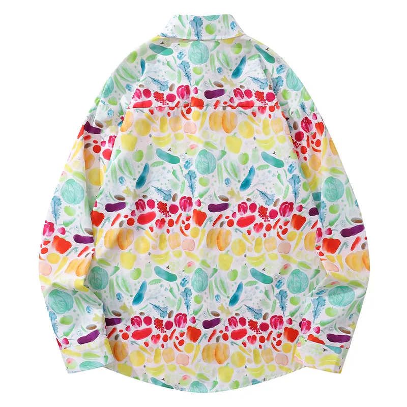 Men's Shirt Fruits Vegetables Print Blouse Hong Kong Style Clothes Colorful Dopamine Coat Long Sleeve Button Tops Four Seasons