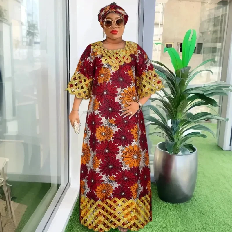 

Plus Size African Clothes for Women 2024 New African Dashiki Ankara Bazin Riche Design Wax Wedding Party Dresses with headscarf