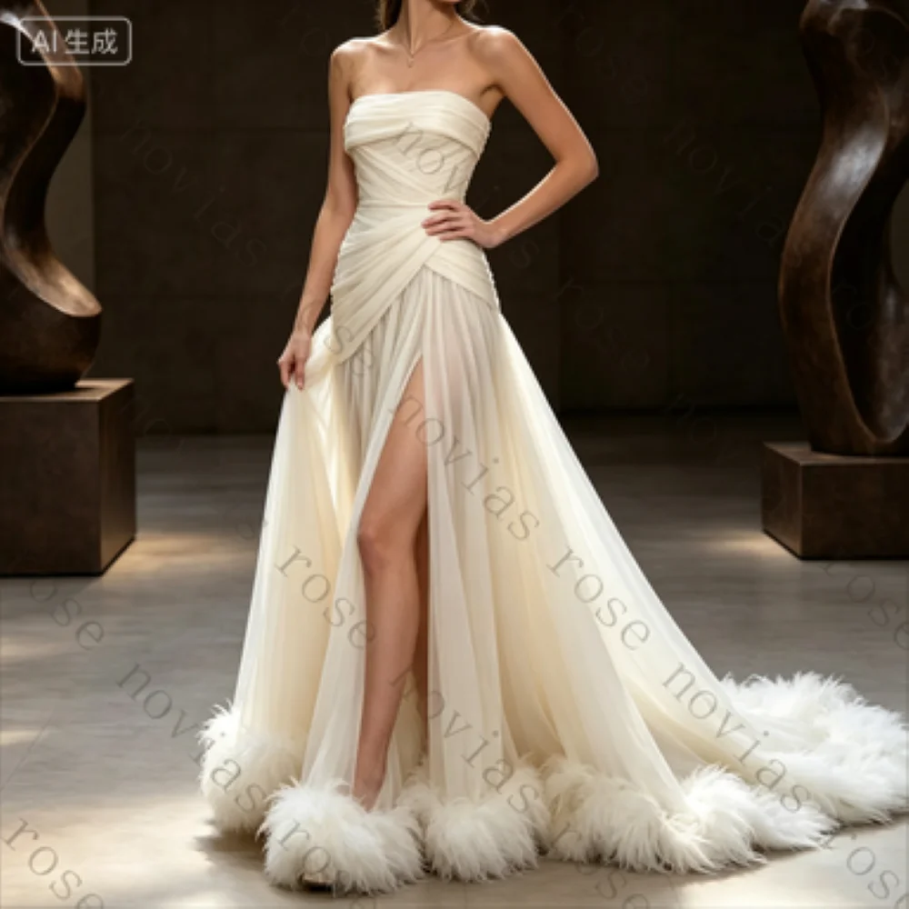 Customized Strapless Draped Chiffon Wedding Dress Wrap Bodice Feather Trim Luxury Modern Bridal Gown For Editorial Wedding