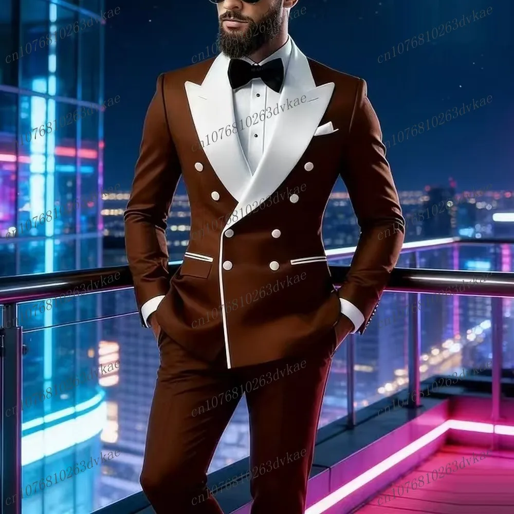 

New White Lapel Brown Business Men Suit Wedding Party Prom Groom Groomsman Formal Occasions Tuxedos 2 Piece Set Blazer Pants