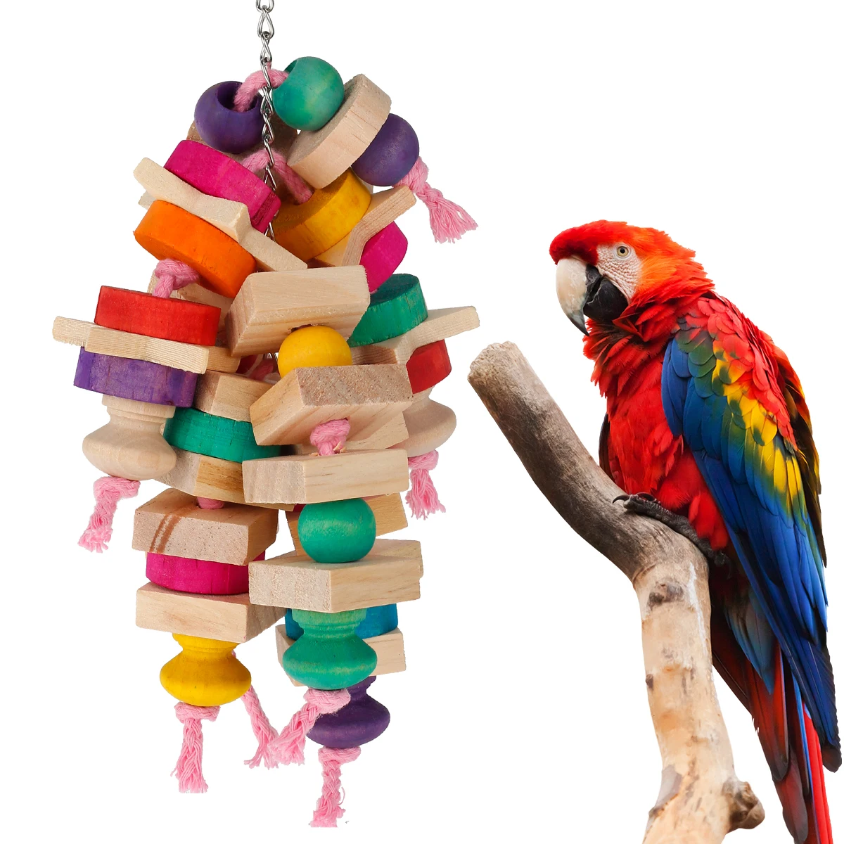 Parrot Chew Toys Bird Parrot Hanging Bite Wooden Blocks Cage Fun Toy for Chewing Climbing Biting Wooden Knots Chewing Toys