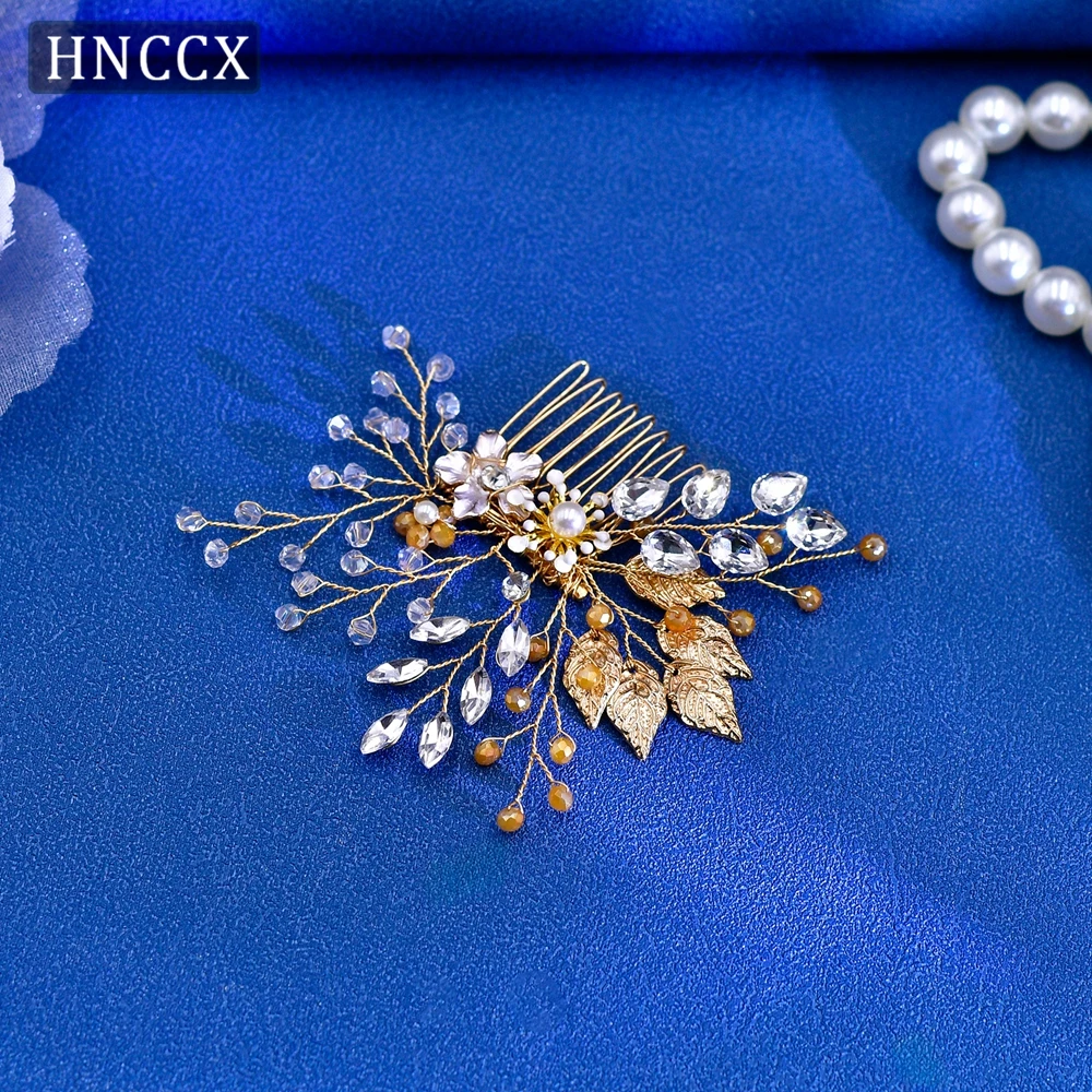 

HNCCX Handmade Bridal Hair Comb Bride Rhinestone Accessories Hair Clips Gold Alloy Flower Headwear Headpieces For Party CP67