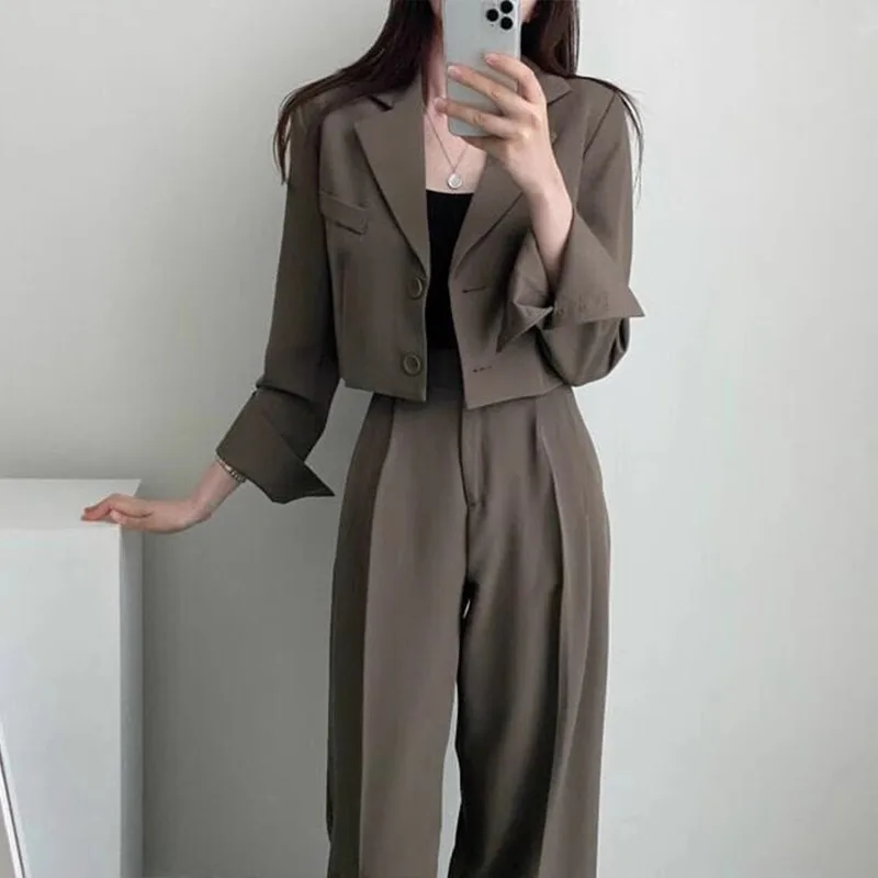 

Korean Casual Suits Blazer Jacket Wide Leg Trousers Elegant High Waist Pants Suits Female 2 Piece Sets Crop Top Coats Spring