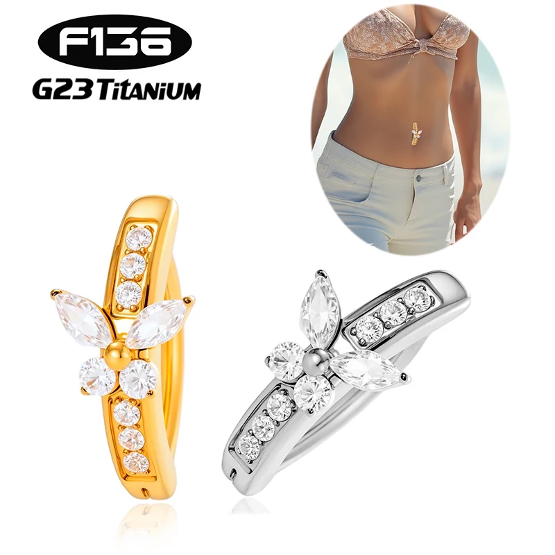 

1PC Implant Grade G23 Titanium Zircon Butterfly Belly Button Ring Clicker Belly Clip Navel Ring Curved Barbell Piercing Jewelry