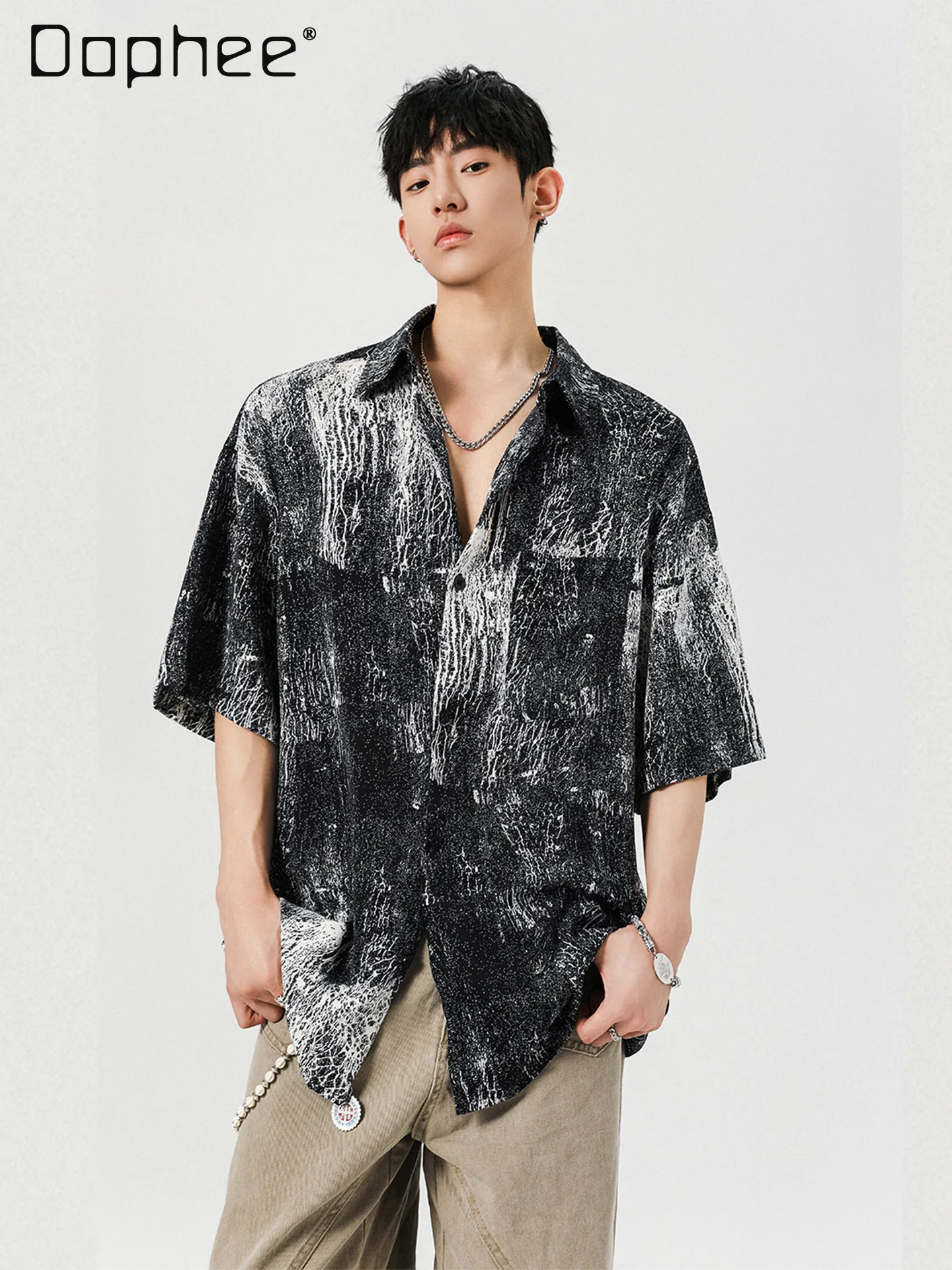 

2026 Summer New Vintage Coffee Tie Dye Print Short Sleeve Shirt Men Loose Casual Lapel Black Oversized Streetwear Shirt