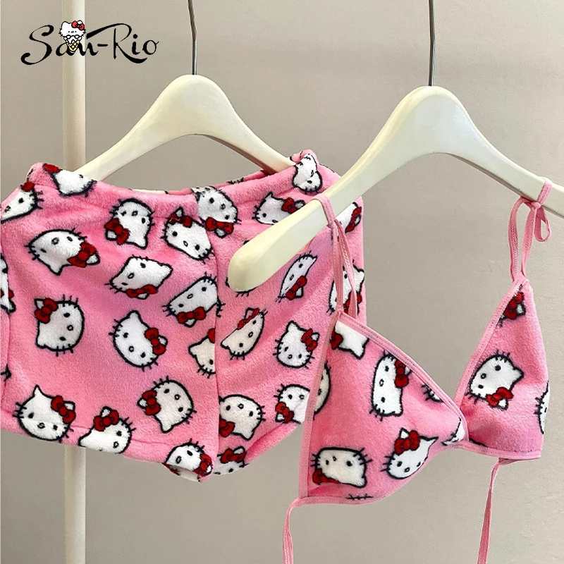 Plush Hello Kitty Women's Pajamas Set Sleepwear 2Pcs Short Tank Tops and Shorts Sexy Homewear Women Pink Pajamas Bra Sets