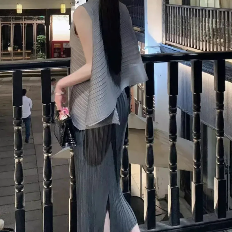 Miyake Summer Pullover Top A-line Split Half Skirt Gray Pleated Set Loose Large Size Stretchy Commuter Office 2 Piece Wearable