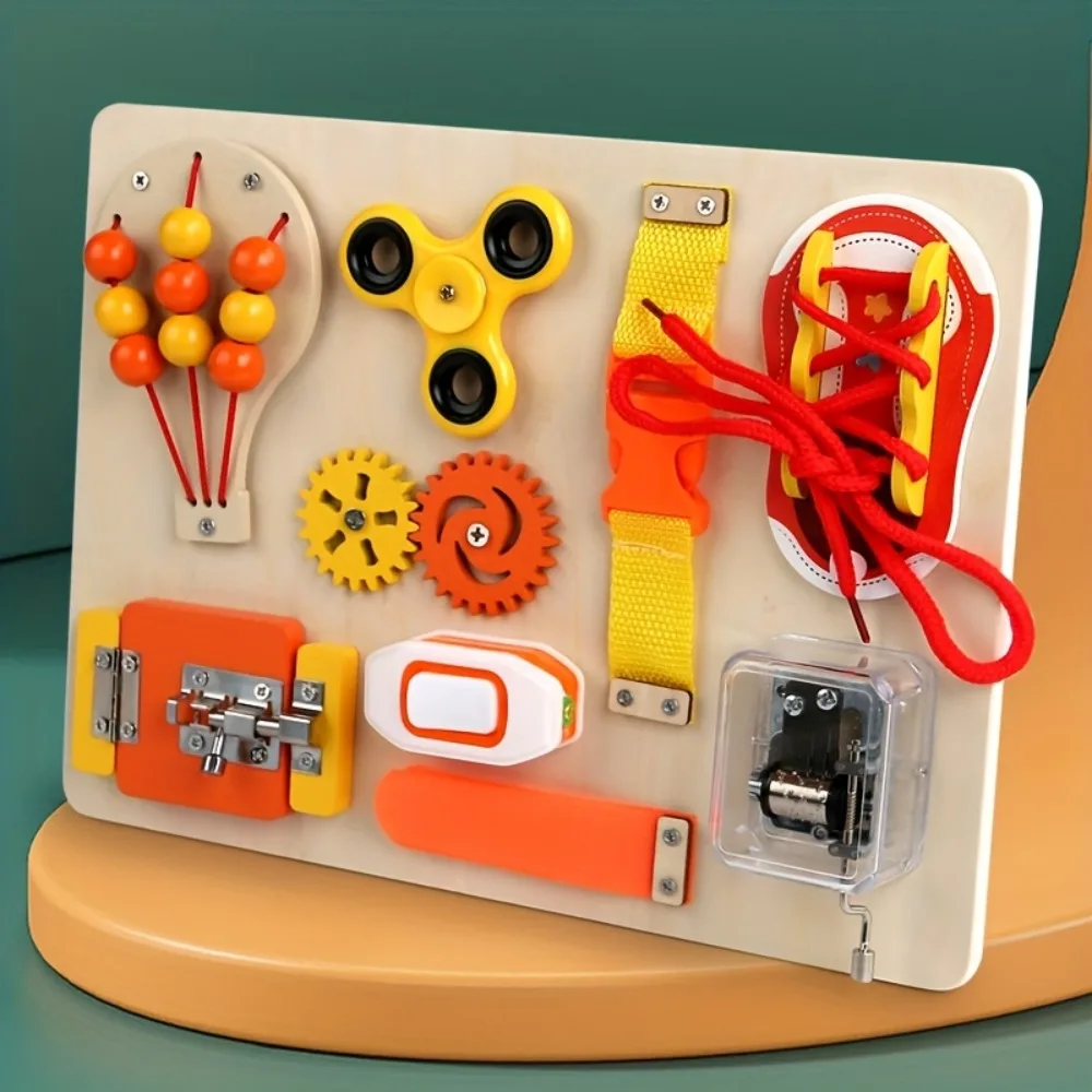 Montessori Wooden Busy Board Toys for Toddler Sensory Educational Fidget Board Travel Toy with Locks Shoelace Gear for Kid Gifts