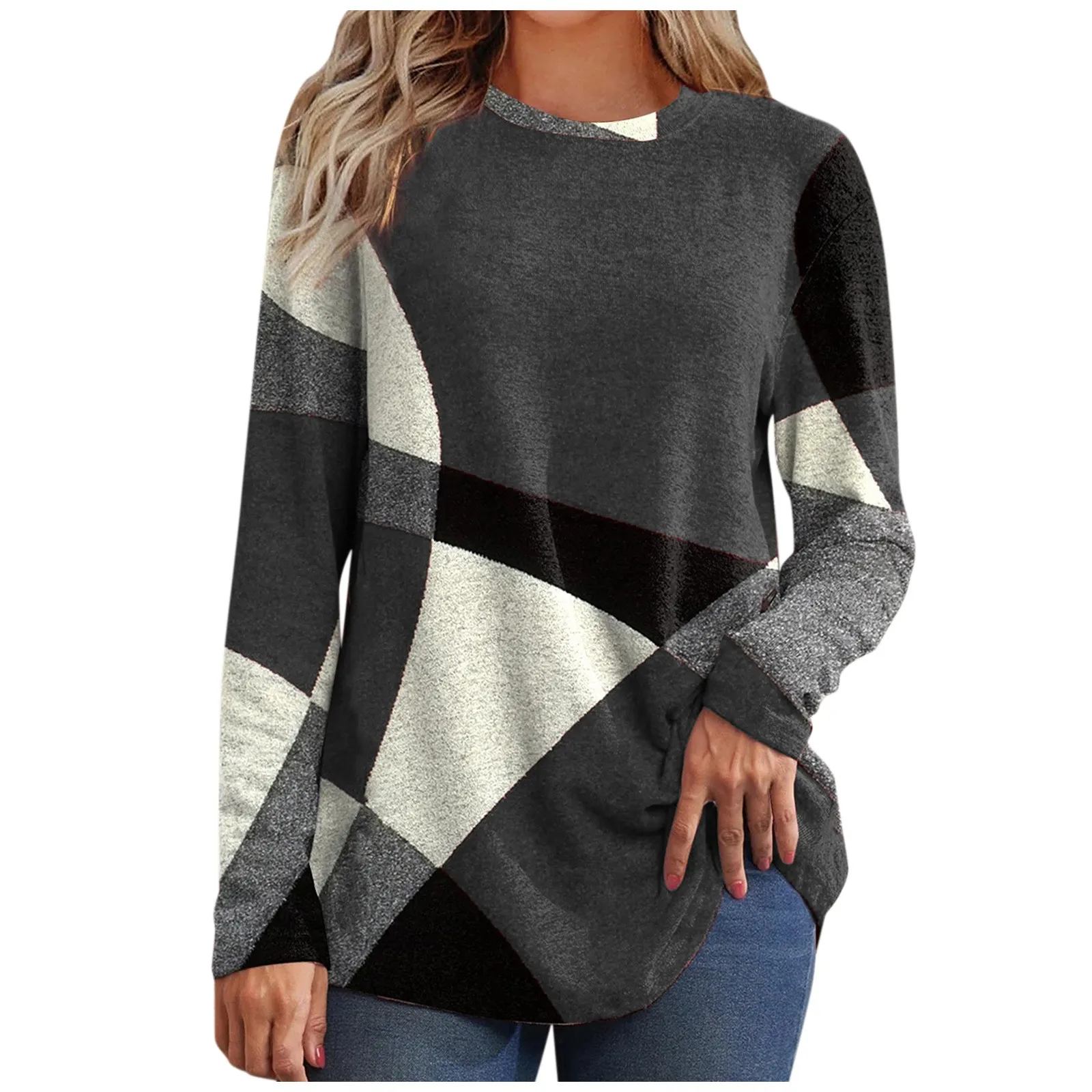 High-quality Trendy Women\'s Thin Geometric Contrast French Cashmere Long Sleeve Print Fashionable Loose Sweatshirt Comfortable