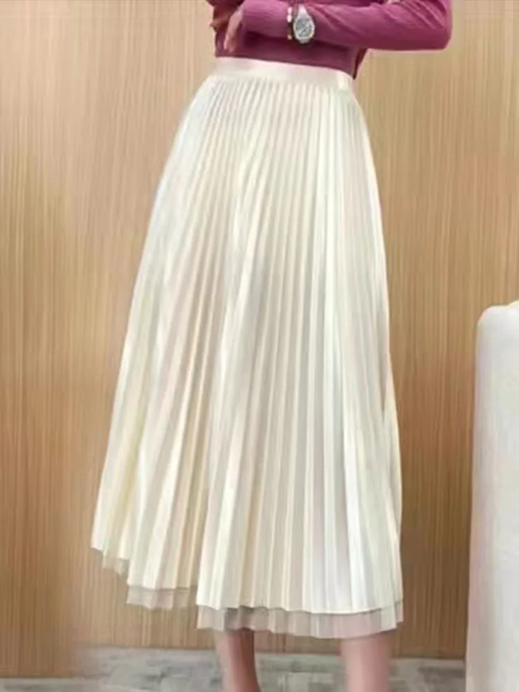 Pleated Midi Long Skirt New Reversible Mesh Stretch Office Female Korean Fashion Casual High Waist