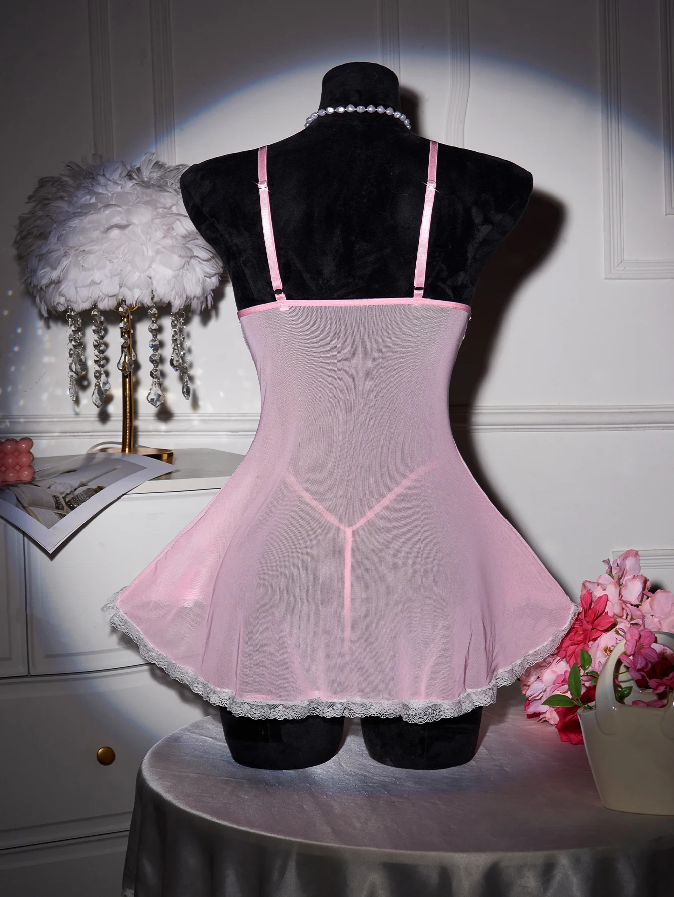 

Sujetadores Sexys For Woman Pajamas Transparent Pink Summer Babydoll Sleepwear Bowknot Hollow Out Mini Ultra Short Nightgown