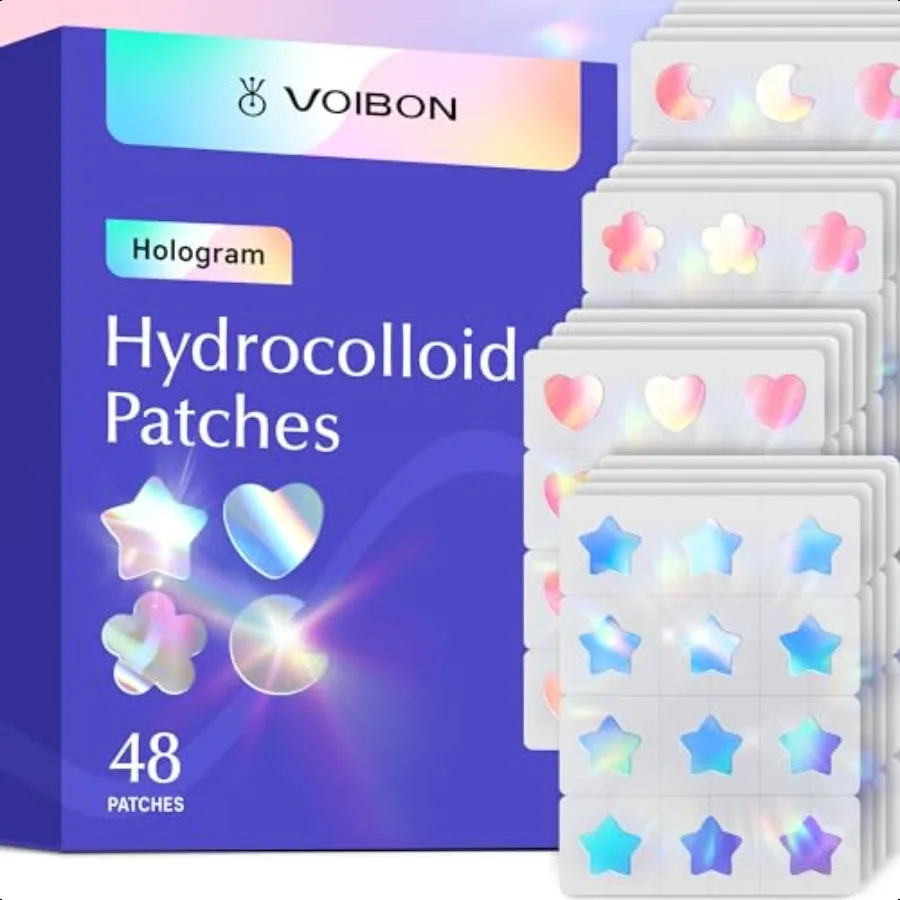 แผ่นแปะสิวโฮโลแกรมสำหรับใบหน้า แผ่นแปะสิวไฮโดรคอลลอยด์น่ารัก ผสมกรดซาลิไซลิกและทีทรี สีสันสดใส รูปดาว สำหรับสิวและรอยสิว