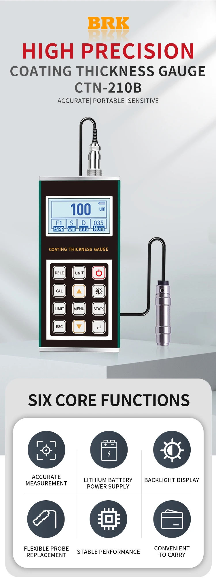 ZJZ BRK الرقمية المغناطيسي التعريفي قياس سمك الحديد والكوبالت والنيكل والألومنيوم بأكسيد الطلاء CTN-210B + F190 2m Pr #6
