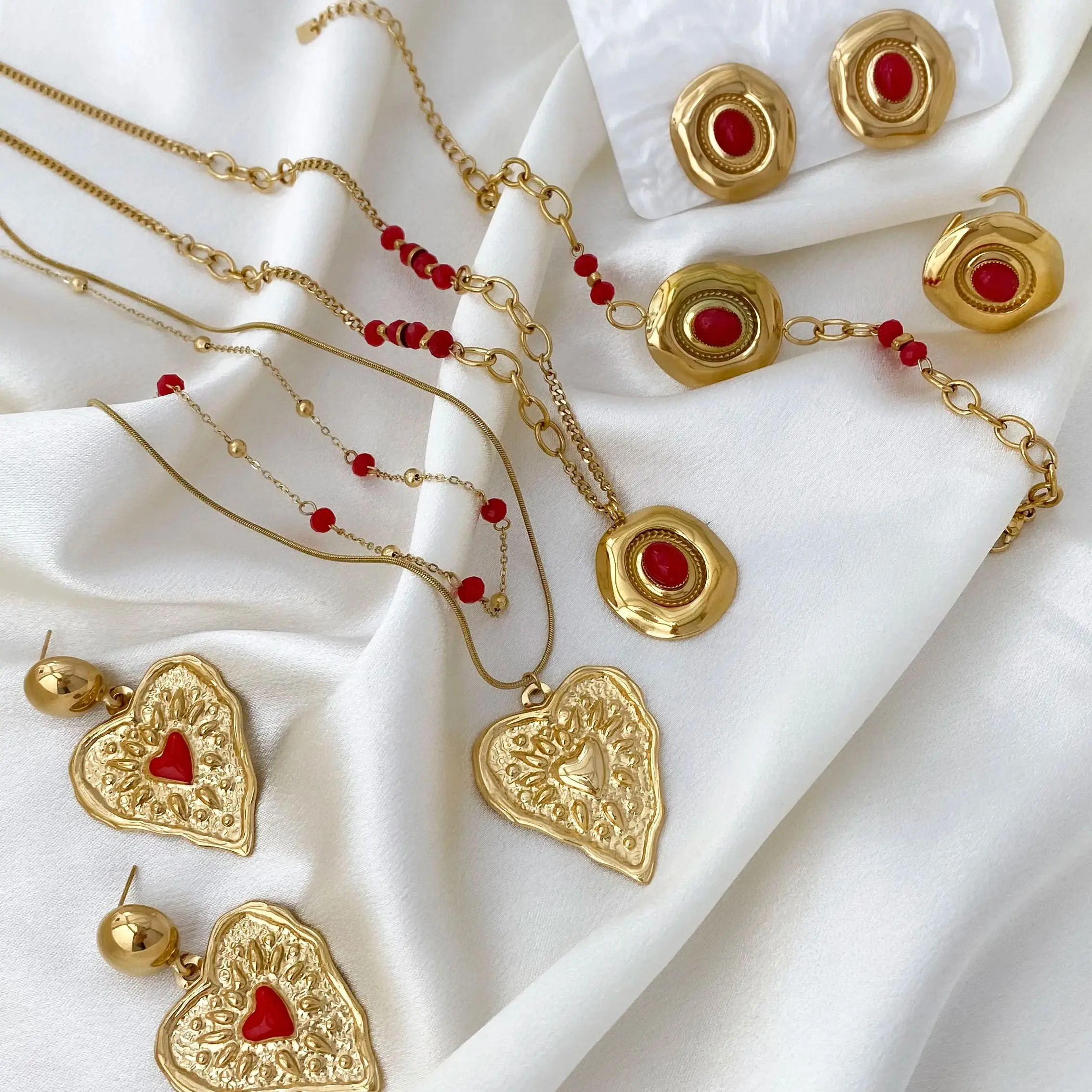

CARLIDANA Fashion Jewelry Sets Not Fade Natural Stone Heart Round Pendant Necklace Earrings Bracelet Ring Set Women Jewelry