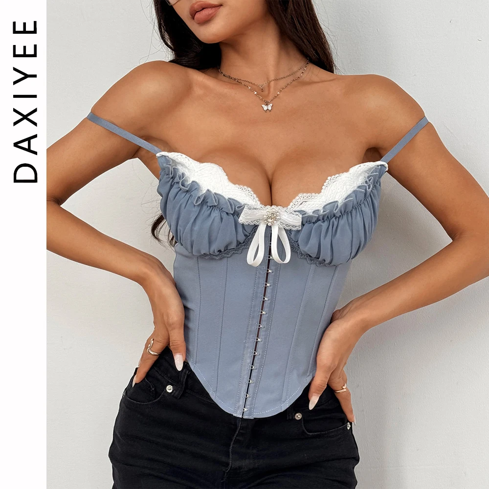 Sexy V Neck Y2K Crop Tops Lace Patchwork Pleated Bowknot Corset Top  Sexy Backless Slim Camisole Body Shape Fishbone Bustier