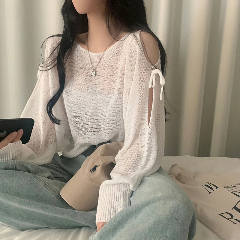 

Korean Ribbon See-through Loose Long-sleeved Knitted Tops Women Spring and Summer New Solid Color Loose Versatile Sweater Female