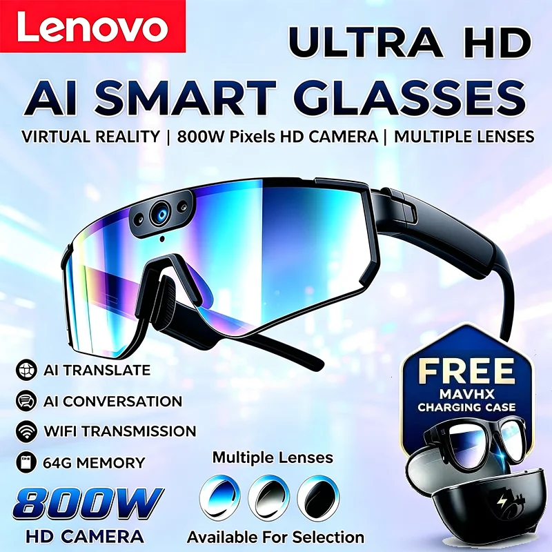 Lenovo AI Smart Glasses 1080P Video 800W Anti‑shake ChatGPT DualMic 32GB Camera Photo Windproof Goggle Cycling Sport Sunglasses
